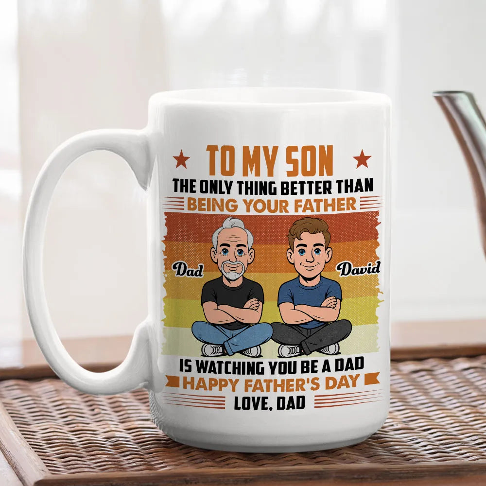 Personalized Father & Son Mug, Cartoon Dad Watching Son Become a Dad, Unique Father's Day Gift