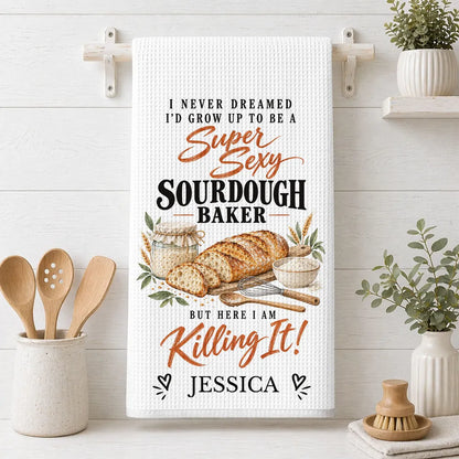 Personalized Sourdough Baker Kitchen Towel with Bread Artwork and Funny Quote, Creative Gift for Home Bakers