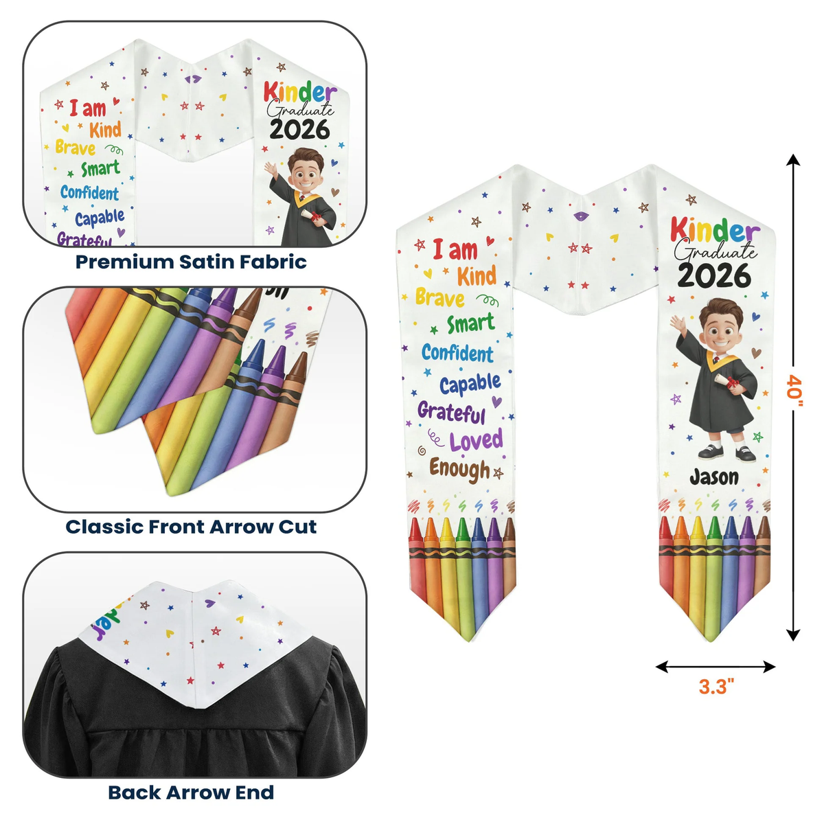 Personalized Polyester Satin Stole for Kinder Graduate With Affirmations and Crayon Rainbow, Unique Graduation Gift