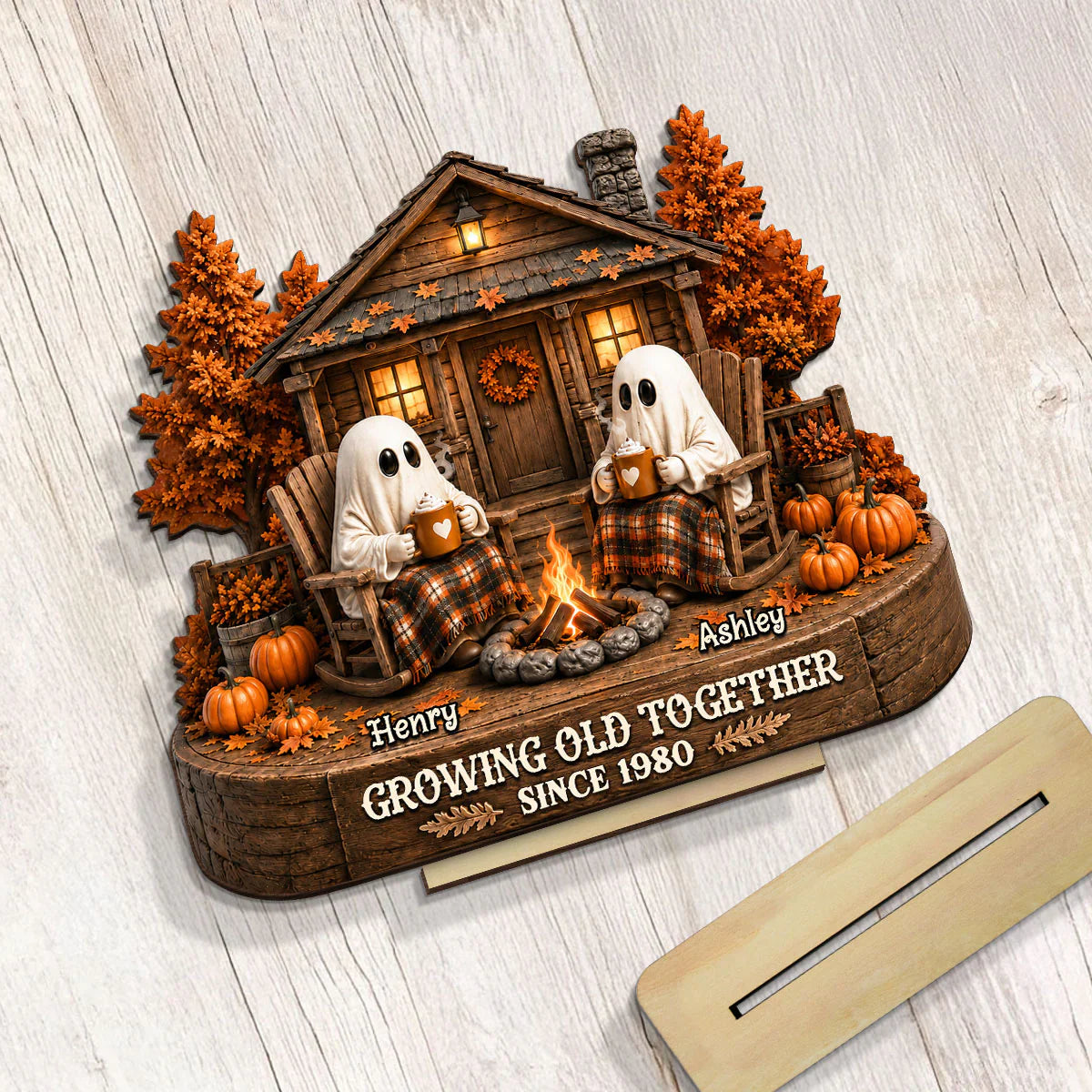 Personalized 2-Layer Wooden Plaque, Ghost Couple by Campfire, Unique Halloween Gift for Couples