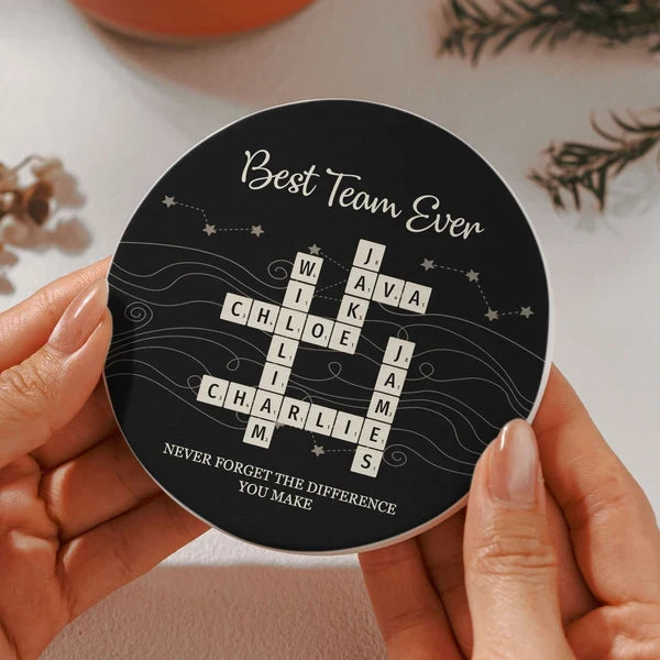 Personalized Round Ceramic Coaster with Team Crossword Design, Unique Coworker Gift for Office Desks