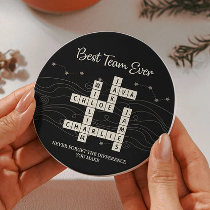 Personalized Round Ceramic Coaster with Team Crossword Design, Unique Coworker Gift for Office Desks