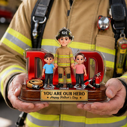 Acrylic Block Plaque with Firefighter Dad Holding Kids, Unique Hero Gift for Dad