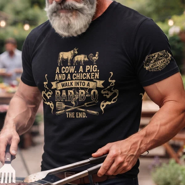 Personalized Dual Print Classic Tee, Vintage Bar-B-Q Joke for Outdoor Cookouts, Unique Gift for Dad