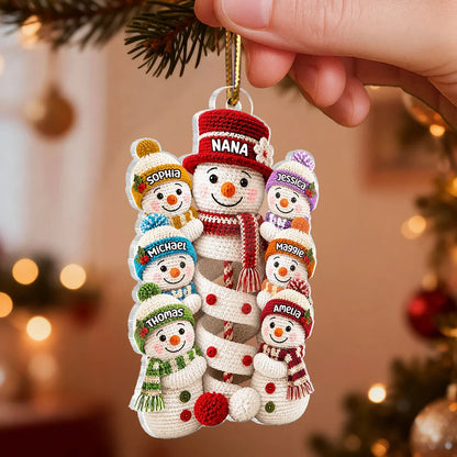 Personalized Acrylic Ornament, Crochet-Style Grandma and Grandkids Building a Snowman, Unique Christmas Gift