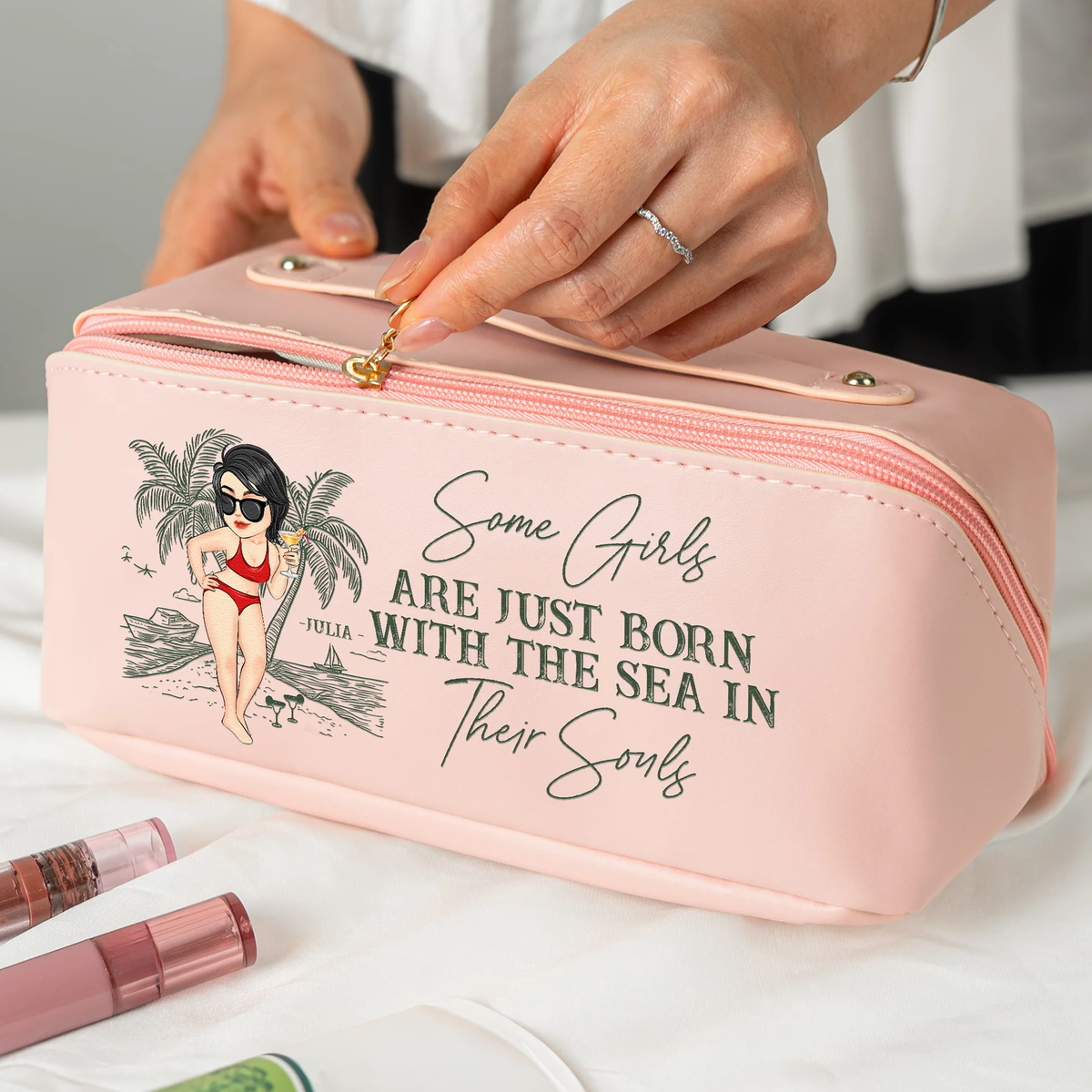 Personalized Leather Makeup Bag for Travel Lovers, Beach Girl Quote Design, Unique Gift for Her