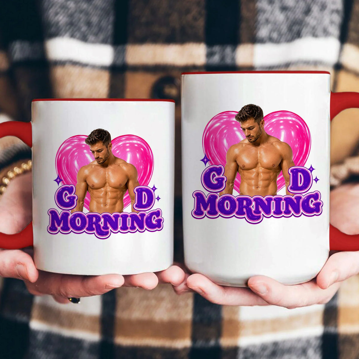 Personalized Funny Good Morning Ceramic Mug With Pink Heart & Muscle Man, Unique Creative Gift For Her