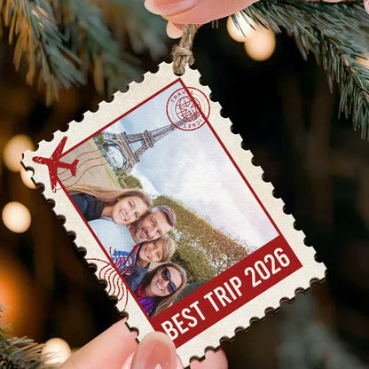 Personalized Wooden Ornament, Postage Stamp Family Travel Photo, Unique Christmas Gift for Family