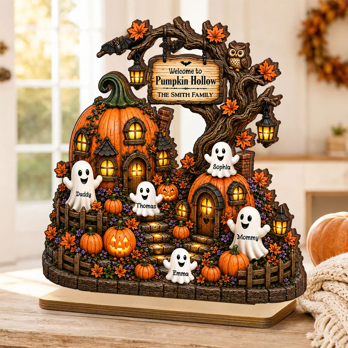 Personalized 2-Layer Wooden Plaque, Pumpkin Hollow Scene, Unique Halloween Gift for Family Decor
