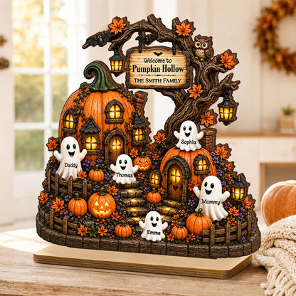 Personalized 2-Layer Wooden Plaque, Pumpkin Hollow Scene, Unique Halloween Gift for Family Decor