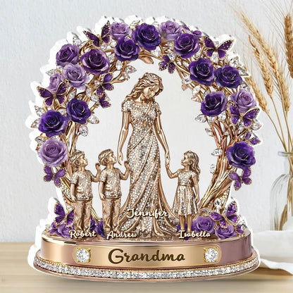 Personalized Shaped Acrylic Block Plaque with Grandma and Grandkids, Purple Rose Wreath Keepsake, Unique Gift for Grandma