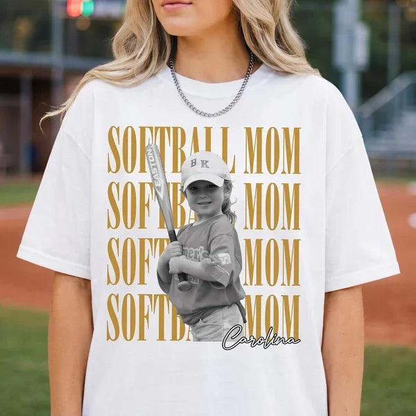 Personalized Softball Mom Classic Tee, Child Holding Bat at Ball Field, Black and Gold Unique Gift for Mom