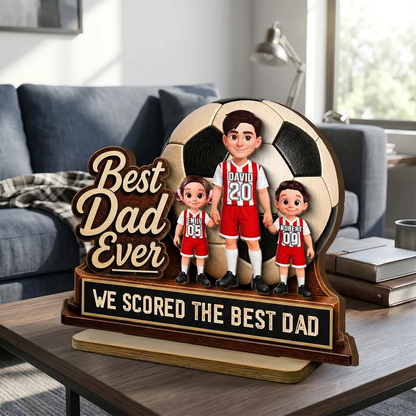 Best Dad Ever 2-Layer Wooden Plaque with Soccer Ball & Kids, Creative Gift for Dad
