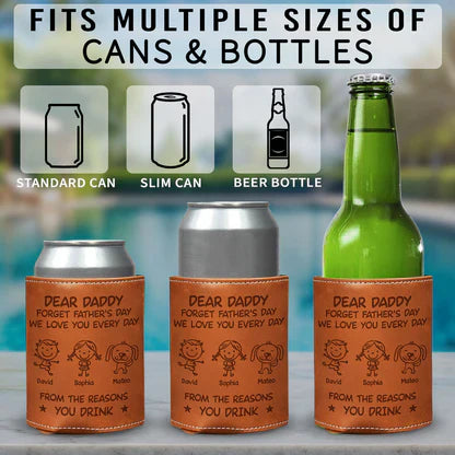 Custom Leather Can Cooler, Dear Daddy Doodle Drink Gift From Kids & Dog, Unique Creative Gift For Dad