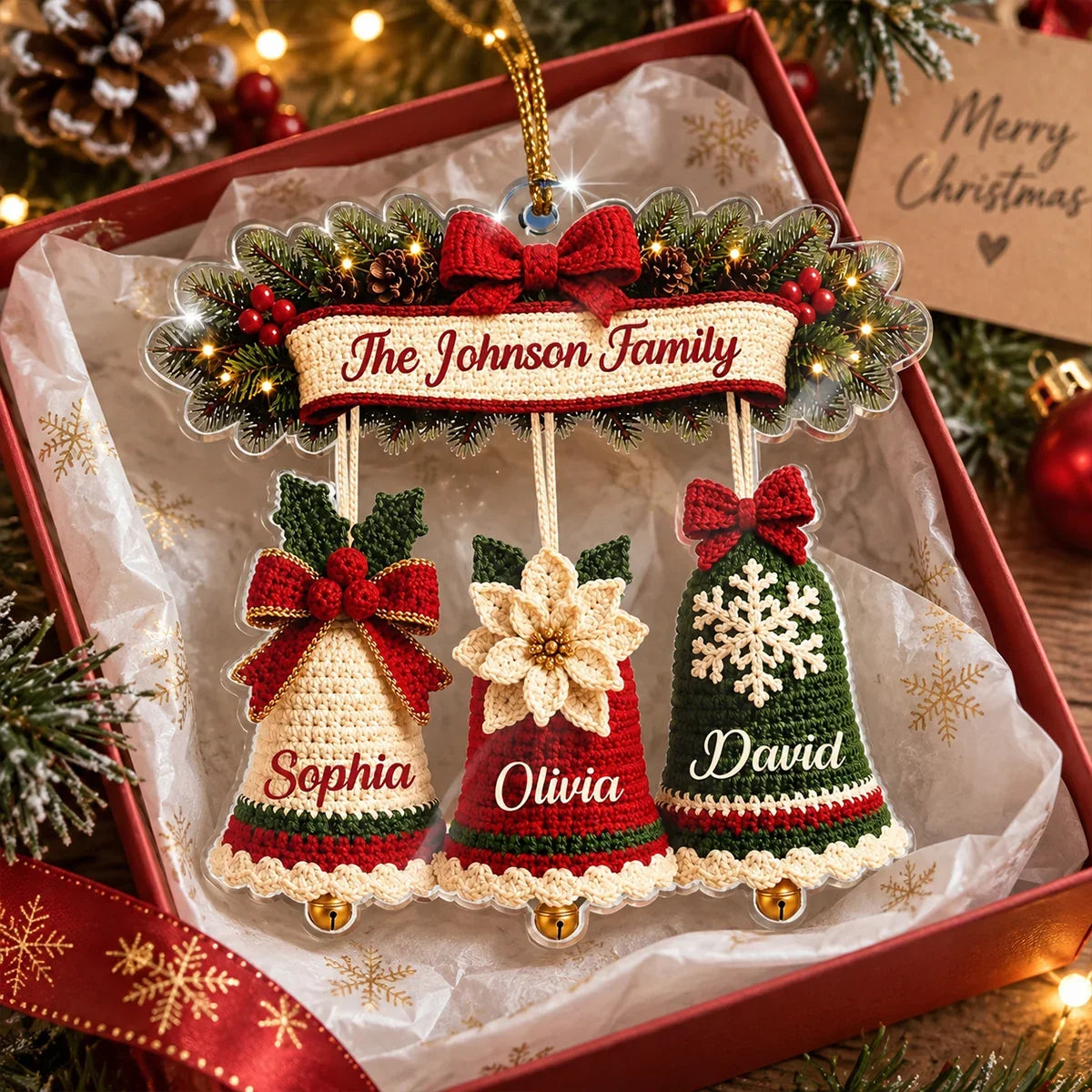 Personalized Acrylic Ornament, Custom Family Christmas Bells in Red and Green, Unique Gift for Mom and Family