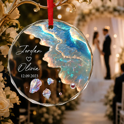 Custom Crystal Ornament for Couple, Romantic Coastal Keepsake with Wedding Portrait Look, Creative Gift