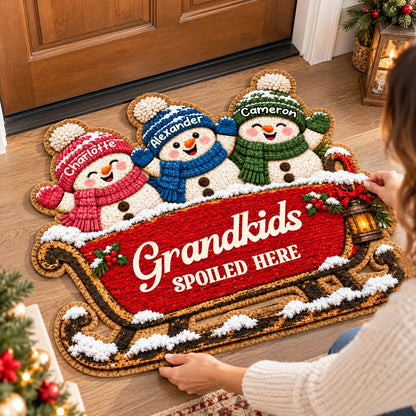 Personalized Shaped Doormat with Snowman Family on a Sleigh, Christmas Decor, Unique Gift for Grandparents