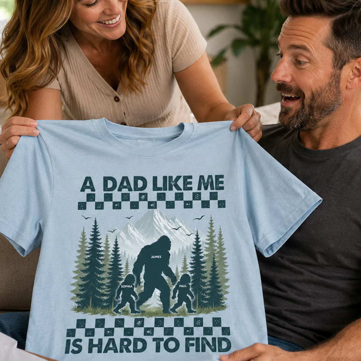 Personalized Classic Tee With Bigfoot Dad & Kids, Retro Forest Graphic, Unique Gift for Dad