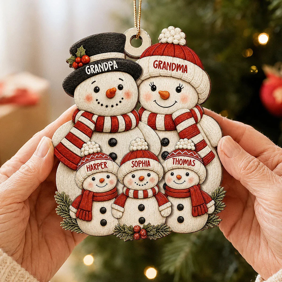 Personalized Wooden Ornament, Snowman Grandparents with Grandkids, Festive Tree Decor, Unique Family Gift
