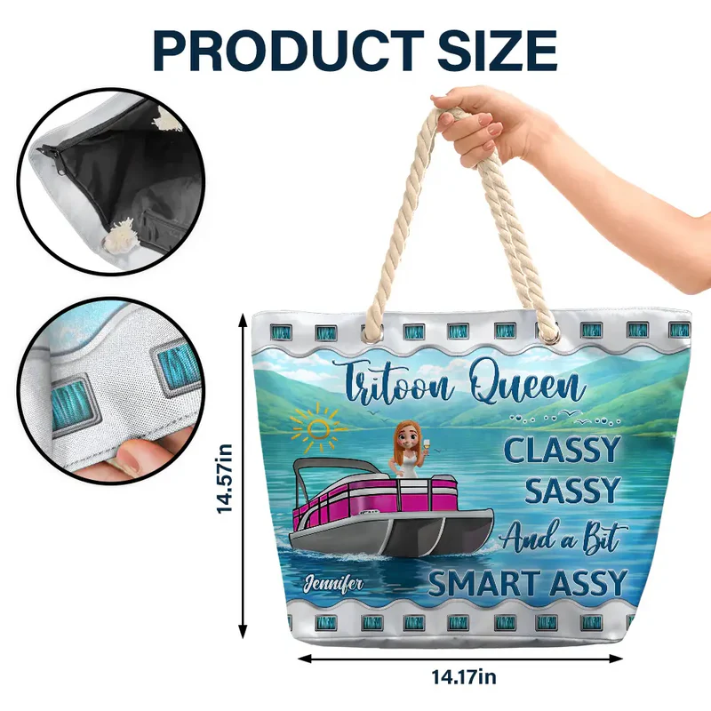 Pontoon Queen Rope Handle Canvas Bag, Personalized Boat Babe Cartoon Design, Fun Unique Gift for Lake Weekends