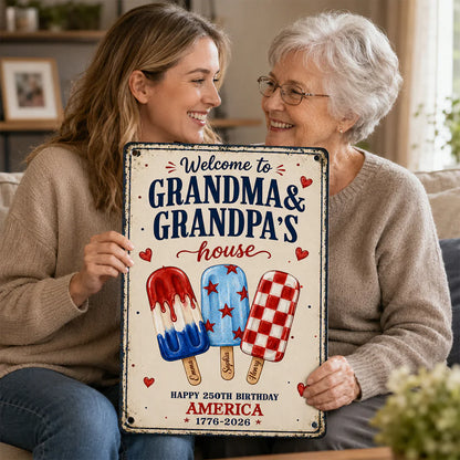 Custom Rectangular Iron Sign for Grandparents, Vintage Red & Blue Welcome Decor, Creative Family Gift