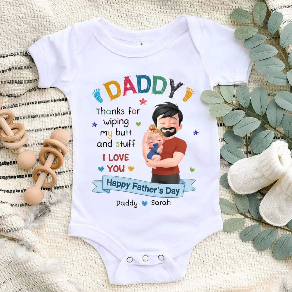 Personalized Short Sleeve Baby Onesie, Hugging Dad & Baby Cartoon, Unique Creative Father's Day Gift for Dad