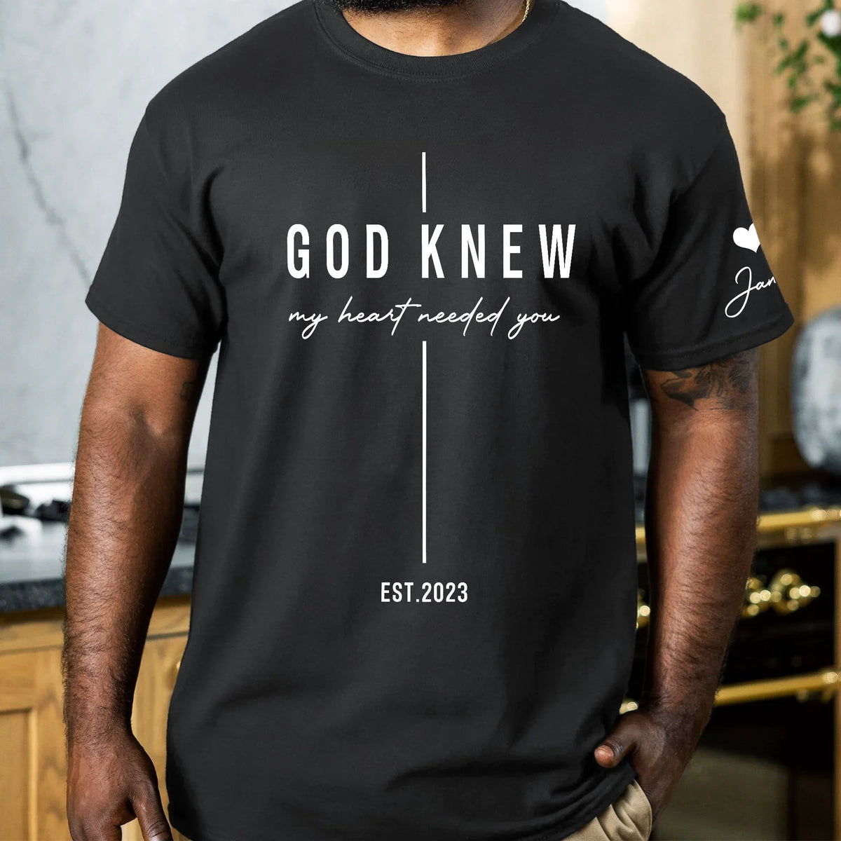 Dual Print Classic Tee with God Knew My Heart Quote for Married Couple at Sunset, Creative Gift
