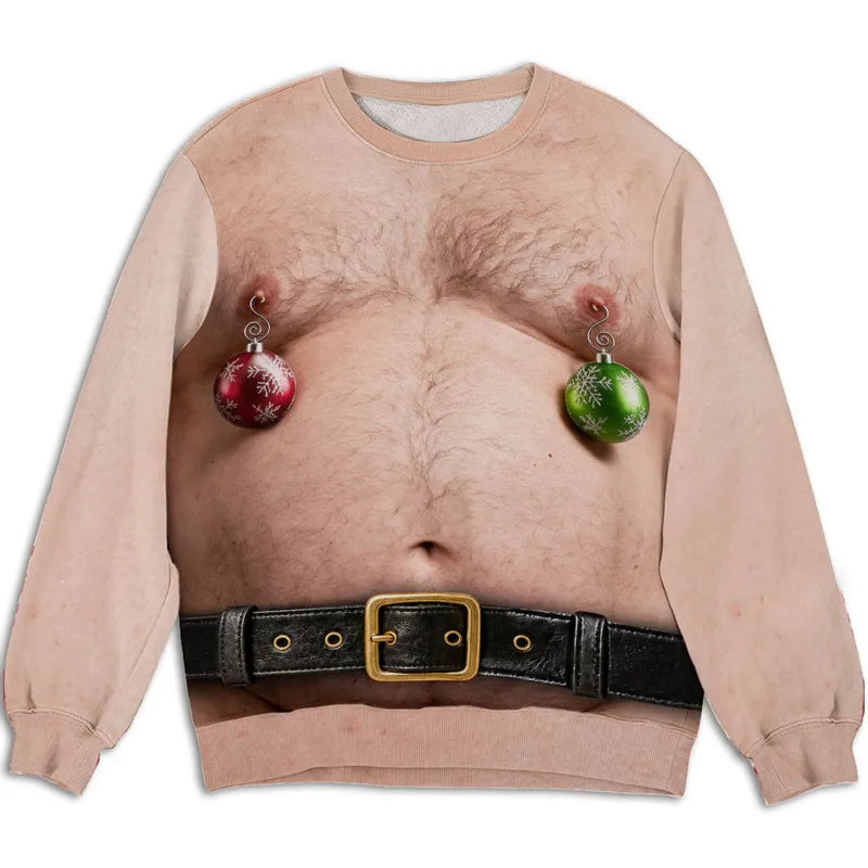 Personalized Printed Sweatshirt, Tan Christmas Torso Illusion with Ornaments, Beer-Holding Look, Unique Gift for Him