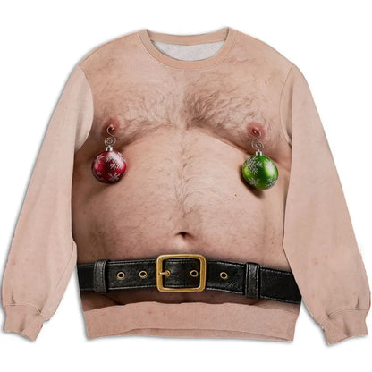 Personalized Printed Sweatshirt, Tan Christmas Torso Illusion with Ornaments, Beer-Holding Look, Unique Gift for Him