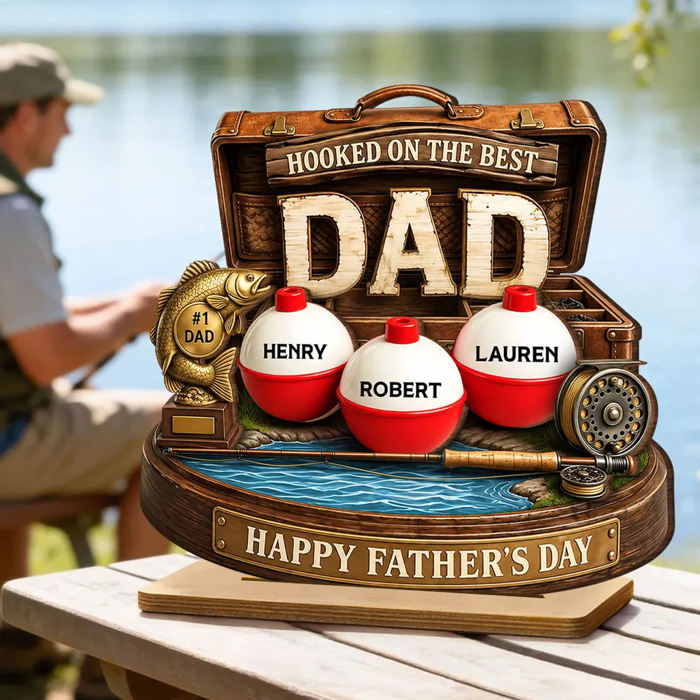 Personalized Wooden Plaque For Fishing Dad, Hooked On The Best Dad Lake Scene, Unique Father's Day Gift