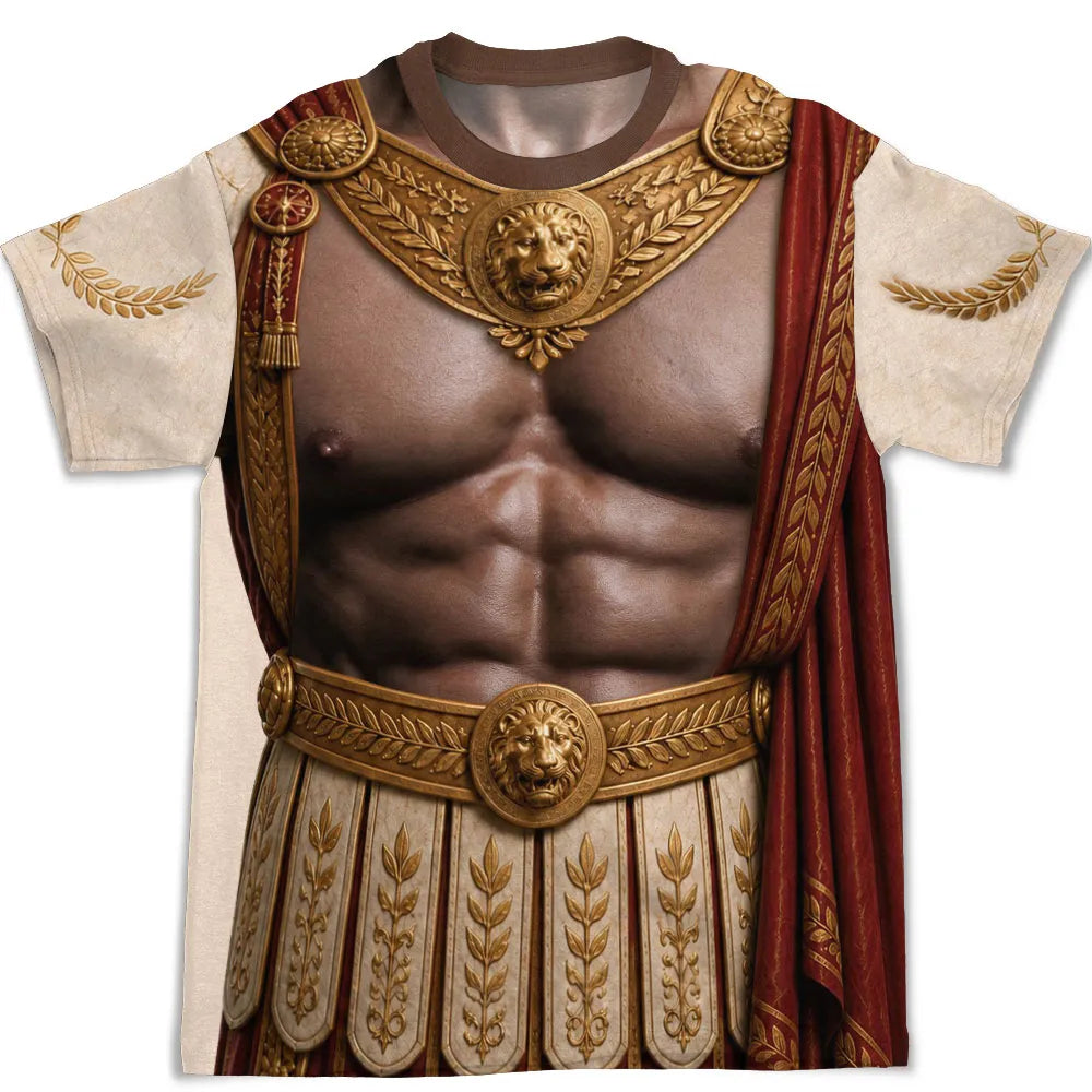 Roman Warrior Printed Classic Tee, Personalized Heroic Armor Art, Creative Gift for History Fans