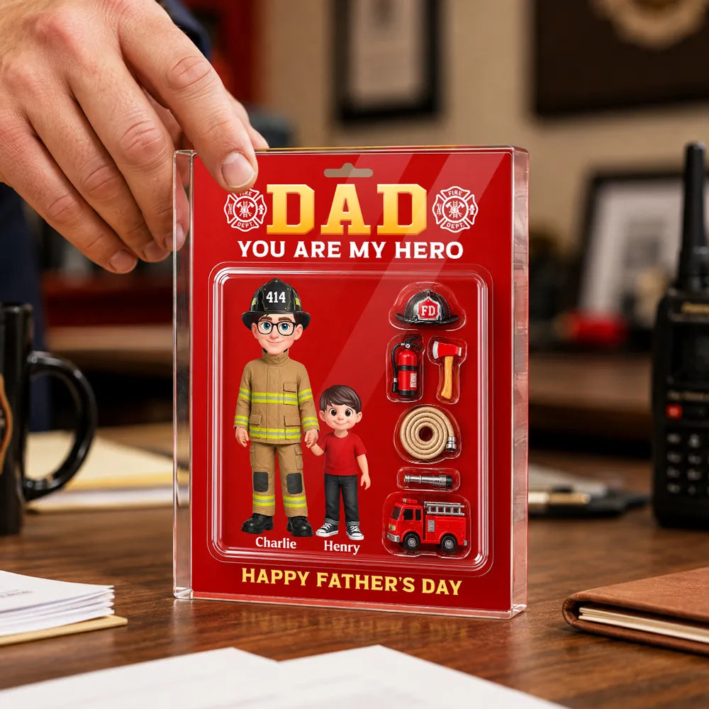 Dad You Are My Hero Acrylic Block Plaque, Custom Firefighter Family Keepsake Gift For Dad