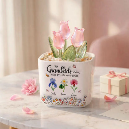 Square Glass Planter, My Grandkids Tulip Keepsake, Creative Gift for a Grandparent's Home