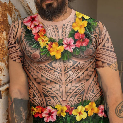 Printed Classic Tee, Personalized Tribal Tattoo & Tropical Lei Design, Unique Creative Gift for Him
