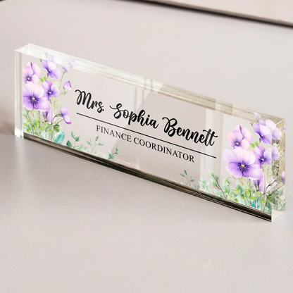 Personalized Rectangle Acrylic Block Plaque With Birth Flower Style Desk Decor, Unique Thank You Gift For Teacher Or Coworker