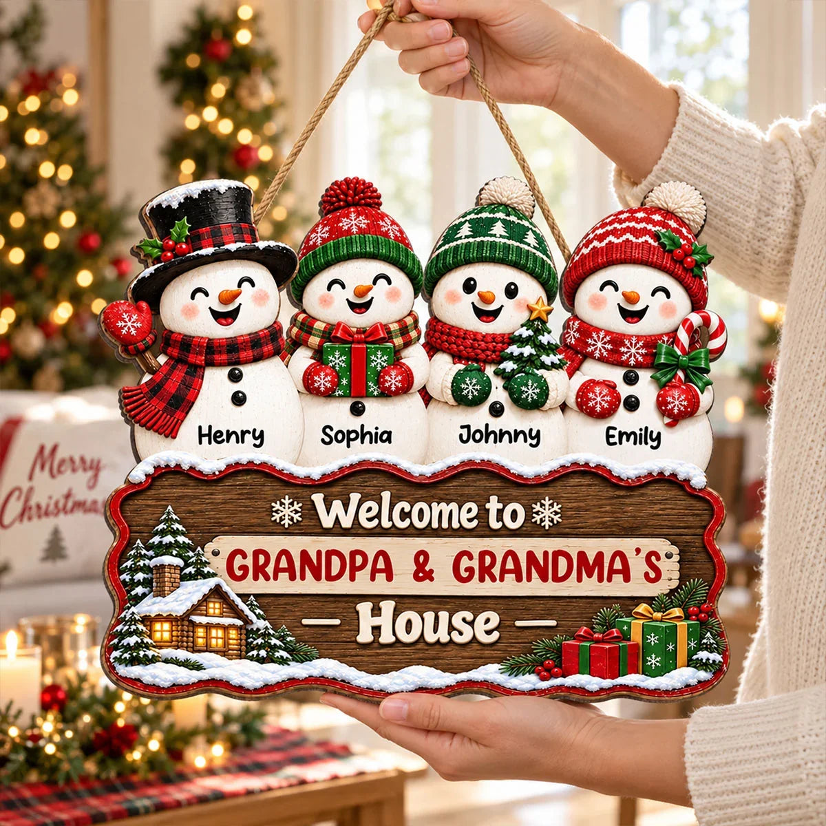 Personalized Snowman Family Wooden Sign, Snowy Cabin Door Decor, Unique Creative Gift for Grandparents