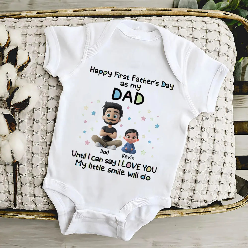 Personalized Short Sleeve Baby Onesie with Sitting Dad & Baby, First Father's Day Unique Gift