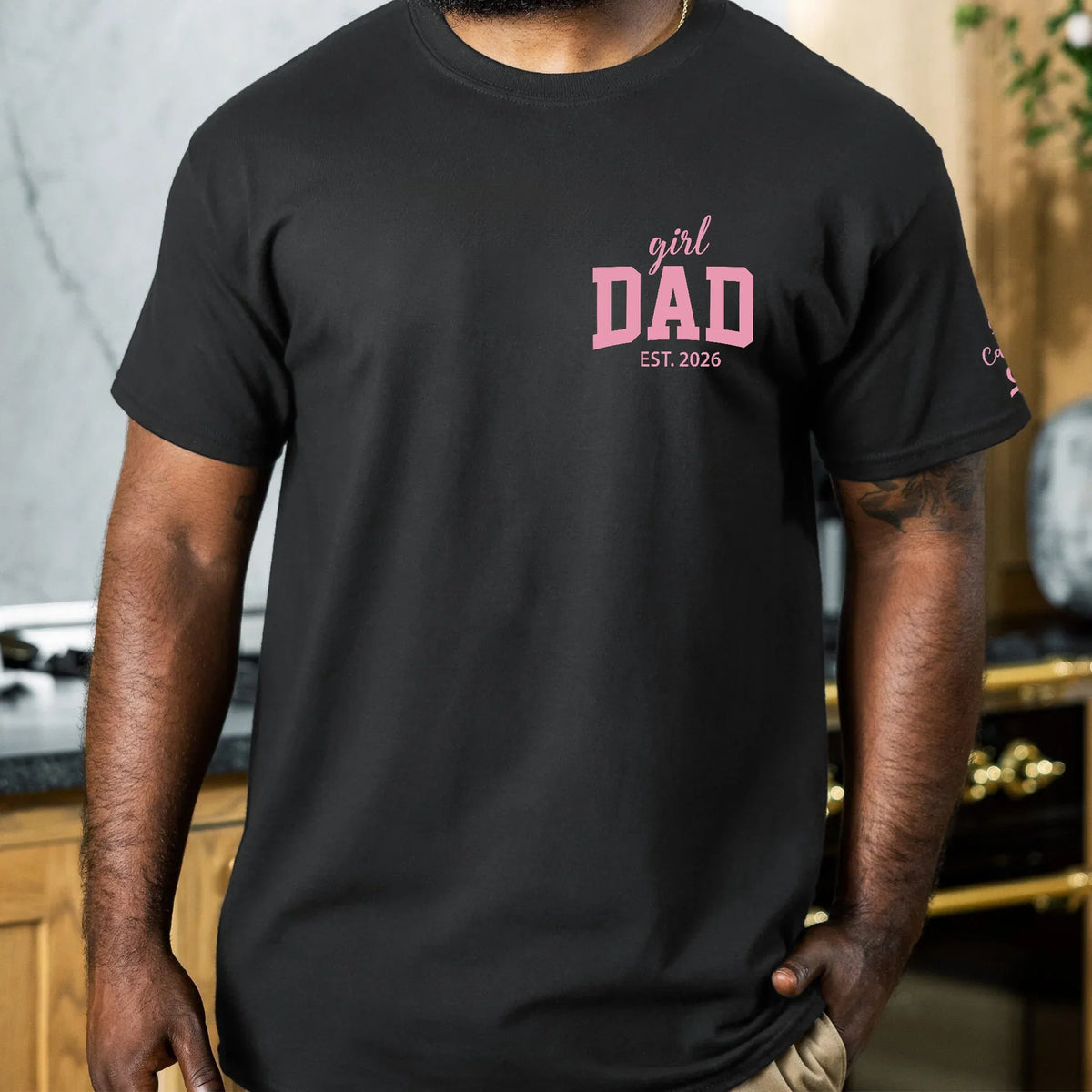 Personalized Girl Dad Dual Print Classic Tee, Pink Bow Design, Crossed Arms Look, Unique Creative Gift for Dad