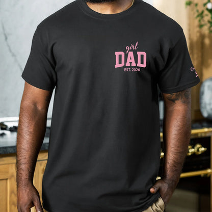 Personalized Girl Dad Dual Print Classic Tee, Pink Bow Design, Crossed Arms Look, Unique Creative Gift for Dad