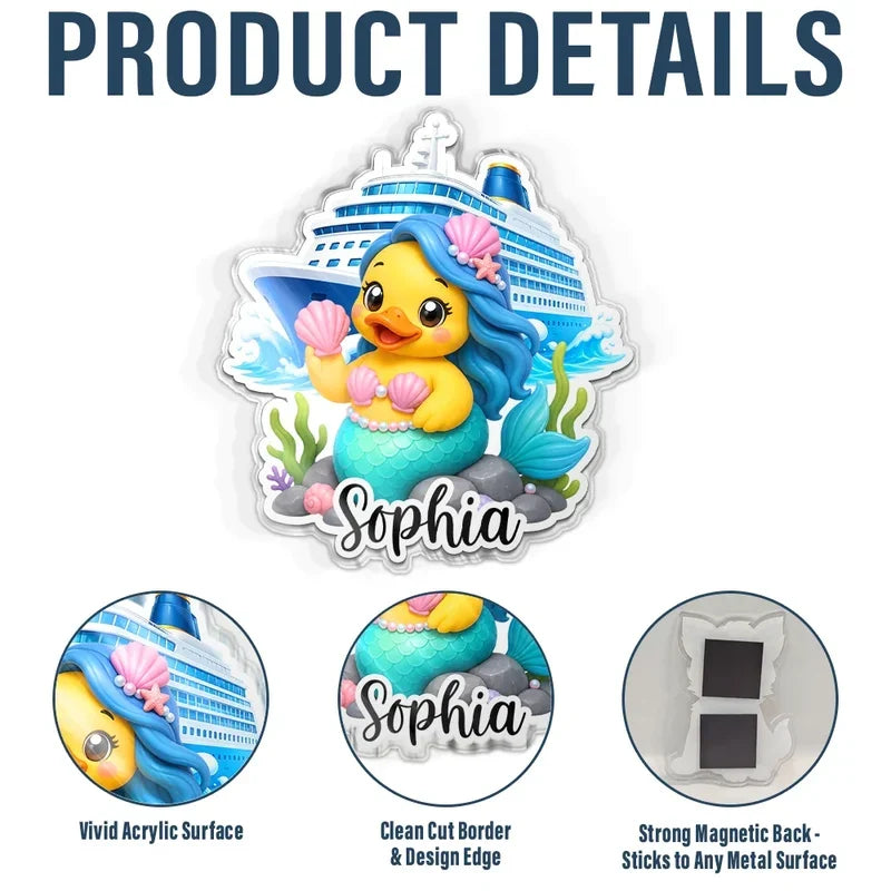 Personalized Acrylic Magnet, Cruise Duck Lounging by the Ship, Colorful Unique Gift for Family & Friends