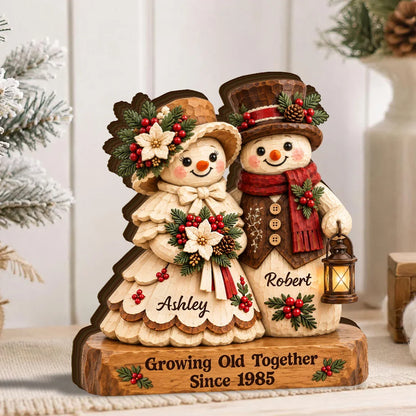 Growing Old Together Wooden Plaque, Personalized Cozy Snowman Couple, Creative Christmas Gift for Partners