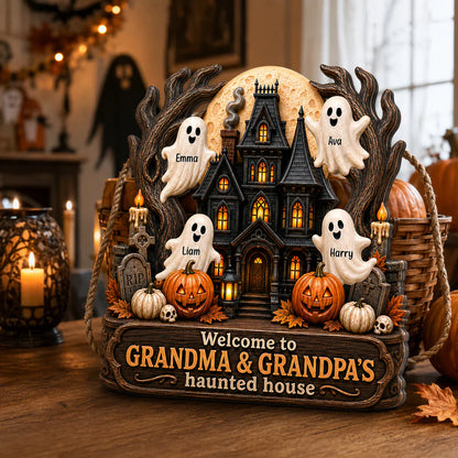 Personalized Wooden Sign with Haunted House Ghosts & Pumpkins, Halloween Door Decor, Unique Gift for Grandparents