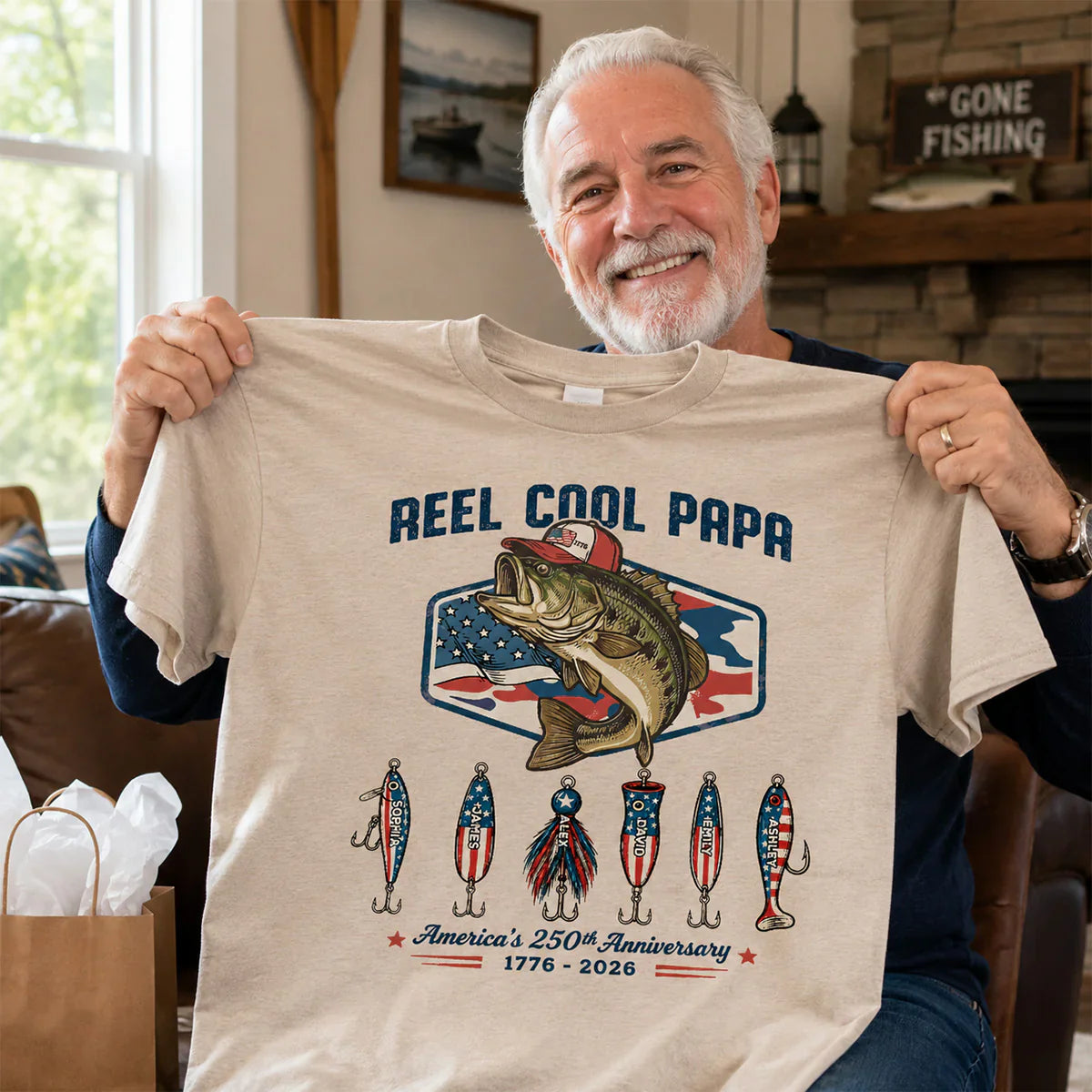 Personalized Classic Tee with Fishing Bass Art, Patriotic Papa Shirt, Unique Gift for Dad or Grandpa