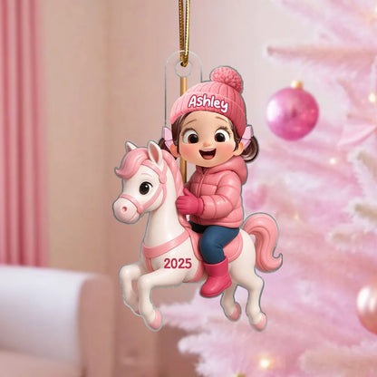 Girl Riding Horse Acrylic Ornament – Personalized Christmas Gift for Kids, Heartwarming Family House Keepsake