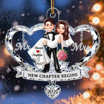 Personalized Acrylic Ornament for Couple, Mr & Mrs Bride in Groom's Arms, Christmas Tree Keepsake Unique Gift