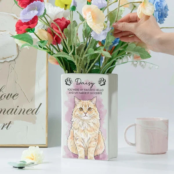 Personalized Ceramic Book Vase with Watercolor Pet Portrait, Unique Memorial Gift for Pet Owners