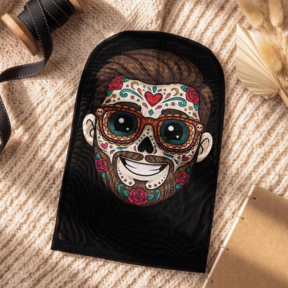 Personalized Mesh Print Balaclava Hat, Smiling Floral Sugar Skull, Creative Mexican Day of the Dead Gift for Him