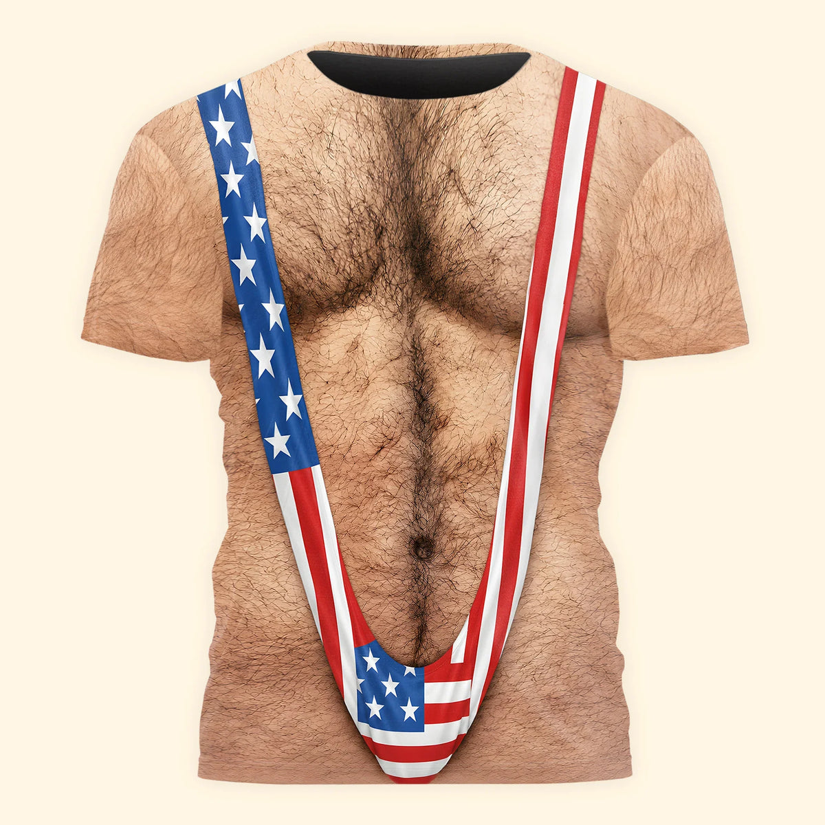 Printed Classic Tee, Patriotic Hairy Body Illusion, Laughing Man Outdoor Party, Unique Gift for Dad