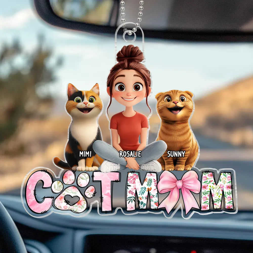 Cute Cartoon Cat Mom Acrylic Car Hanger, Personalized Rearview Mirror Decor for Cat Lovers, Unique Gift