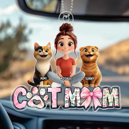 Cute Cartoon Cat Mom Acrylic Car Hanger, Personalized Rearview Mirror Decor for Cat Lovers, Unique Gift